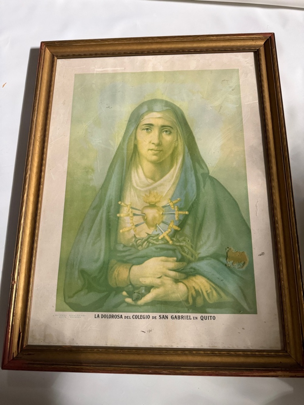 Vintage Religious Print of Our Lady in Green and Gold Frame